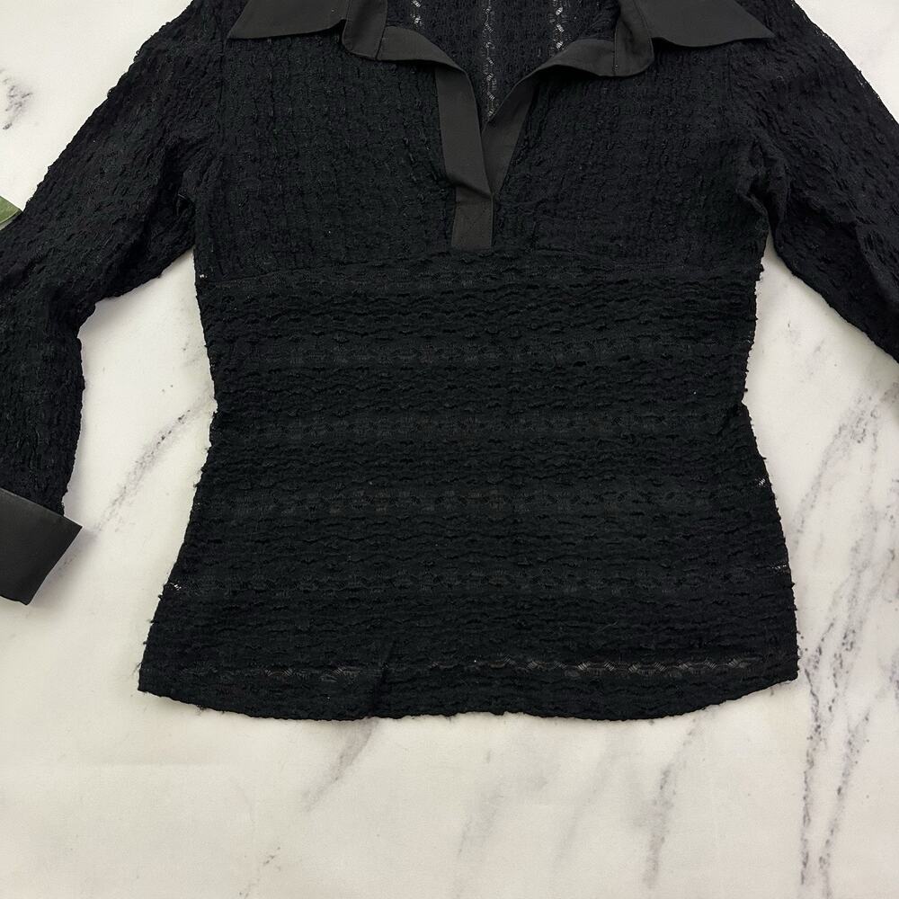 Bebe Womens Vintage Y2k Lace Top Size M Black Sheer Collared 3/4 Sleeve - Picture 5 of 12